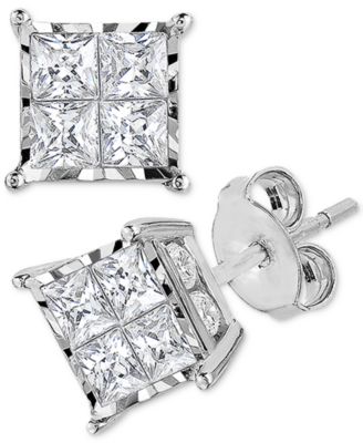 Macy's - &reg; Diamond (1/2, 1 or 2 ct. t.w.) Princess Cluster Stud Earrings in 14k Gold