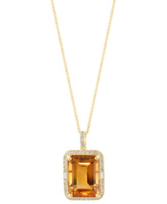 EFFY Collection - Citrine (11-1/3 ct. t.w.) & Diamond (1/3 ct. t.w.) Emerald-Cut Halo 18" Pendant Necklace in 14k Gold