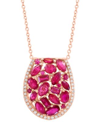 EFFY Collection - Ruby (2-1/2 ct. t.w.) & Diamond (1/6 ct. t.w.) Mixed Cut Cluster Pendant Necklace in 14k Rose Gold, 17" + 1" extender