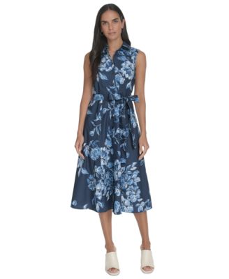 Calvin Klein - Women's Printed Cotton Tie-Waist Shirtdress