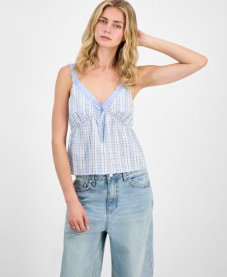 Madden Girl - Juniors' Plaid Ribbon Babydoll Tank