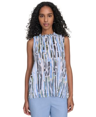 Calvin Klein - Petite Striped Ruffle-Neck Top