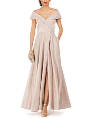 XSCAPE - Off-The-Shoulder Shimmer Wrap Gown