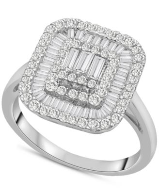 Wrapped in Love - Diamond Round & Baguette Square Halo Cluster Ring (1 ct. t.w.) in 14k White Gold
