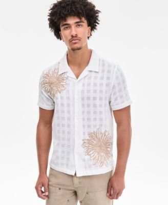 GUESS - Men's Conrad Regular-Fit Embroidered Mesh Check Button-Down Shirt