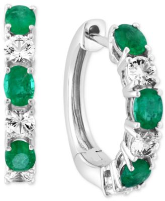 EFFY Collection - Emerald (3/4 ct. t.w.) & White Sapphire (3/4 ct. t.w.) Small Hoop Earrings in 14k White Gold, 0.75"