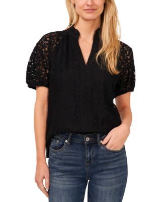CeCe - Women's Floral Lace Puff Sleeve Split-Neck Top