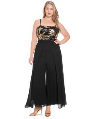 London Times - Plus Size Sequined Overlay Jumpsuit