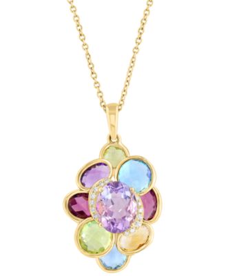 EFFY Collection - Multi-Gemstone (6-5/8 ct. tw.) & Diamond (1/20 ct. t.w.) Cluster Pendant Necklace in 14k Gold, 17" + 1" extender