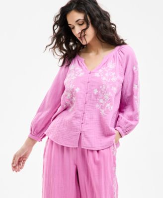 Style & Co - Petite Cotton Textured Floral-Embroidered Blouse