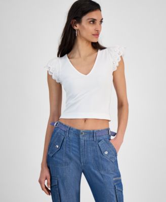 GUESS - Women's Dahlia Sangallo Mixed-Media Top