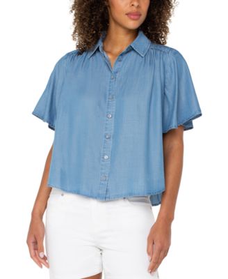Liverpool Los Angeles - Women's Shirred-Shoulder Relaxed Chambray Shirt