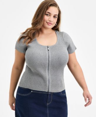 Bar III - Trendy Plus Size Ribbed Zip-Front Sweater