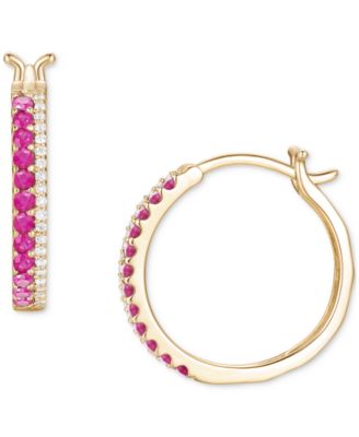 Macy's - Emerald (3/8 ct. t.w.) & Diamond (1/8 ct. t.w.) Double Row Small Hoop Earrings in 14k Gold-Plated Sterling Silver, 0.75"