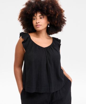 On 34th - Plus Size Cotton Gauze V-Neck Flutter-Sleeve Top