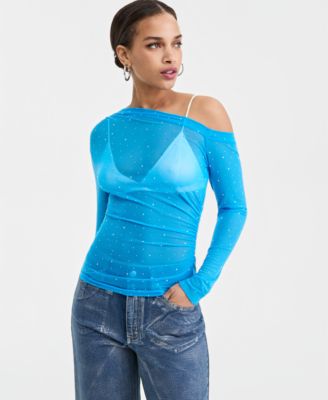Bar III - Women's Asymmetric Embellished Mesh Top