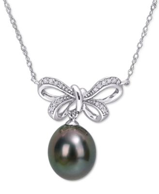 Macy's - Black Cultured Tahitian Pearl (9-1/2-10mm) & Diamond (1/10 ct. t.w.) Bow 17" Pendant Necklace in 10k White Gold (Also in Pink Cultured Freshwater Pearl & White South Sea Cultured Pearl)