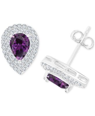 Macy's - Amethyst (1-1/5 ct. t.w.) & Lab-Grown White Sapphire (1/2 ct. t.w.) Pear Halo Birthstone Stud Earrings in Sterling Silver (Also in Additional Birthstones)