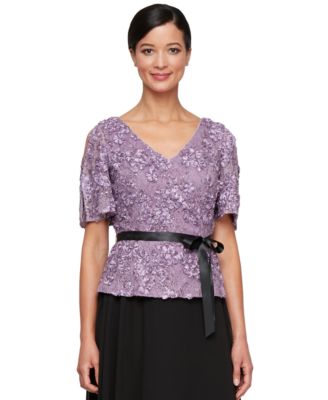 Alex Evenings - Women's Embroidered Sequined Belted Top