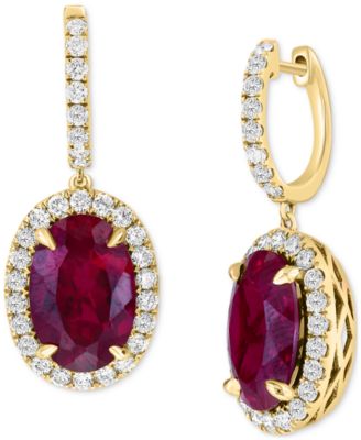 EFFY Collection - Lab Grown Ruby (8-3/8 ct. t.w.) & Lab Grown Diamond (1-1/5 ct. t.w.) Halo Drop Earrings in 14k Gold