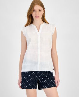 Tommy Hilfiger - Women's Cotton Tonal-Plaid Ruffled-Sleeve Shirt