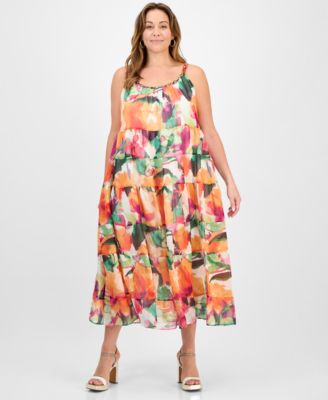 Robbie Bee - Plus Size Printed Sleeveless Tiered Midi Dress