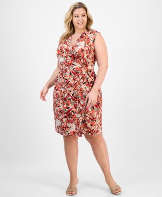 Kasper - Plus Size Printed Sleeveless Faux-Wrap Sheath Dress