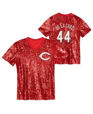 Outerstuff - Juniors Elly De La Cruz Red Cincinnati Reds Name Number Sequin V-Neck Top