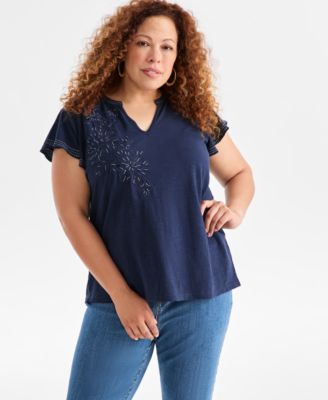 Style & Co - Plus Size Cotton Embroidered Flutter-Sleeve Knit Top