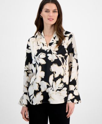 Anne Klein - Petite Floral-Print Long-Sleeve V-Neck Blouse