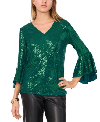 Vince Camuto - Women's Sequined V-Neck Bell-Sleeve Top