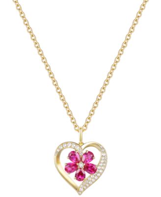 Macy's - Lab Grown Ruby (1 ct. t.w.) & Lab Grown White Sapphire (1/20 ct. t.w.) Heart Flower Cluster 18" Pendant Necklace in 14k Gold over Sterling Silver