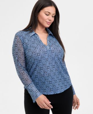 I.N.C. International Concepts - Plus Size Printed Mesh Johnny Collar Top