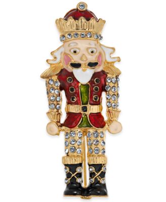 Holiday Lane - Gold-Tone Crystal Nutcracker Pin
