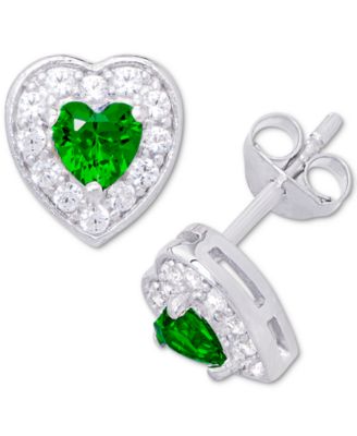 Macy's - Green Quartz (3/8 ct. t.w.) & Lab-Grown White Sapphire (1/3 ct. t.w.) Halo Heart Stud Earrings in Sterling Silver