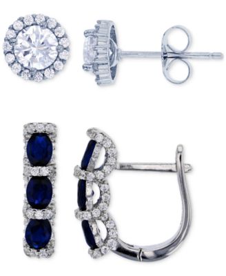 Macy's - 2-Pc. Set Lab-Grown Spinel (2 ct. t.w.) & Cubic Zirconia Halo Stud & Three Stone Leverback Earrings in Sterling Silver (Also in Green Cubic Zirconia & Lab-Grown Ruby)