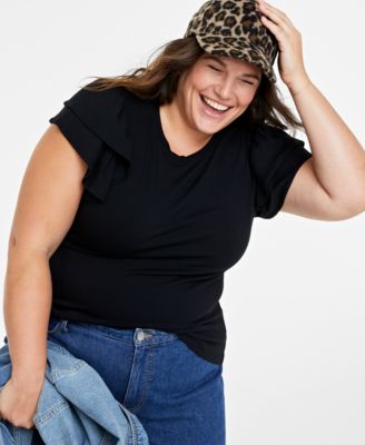 On 34th - Trendy Plus Size Round-Neck Short-Flutter-Sleeve Top