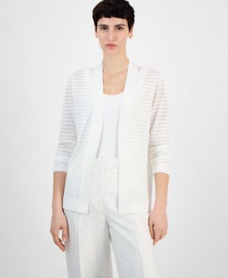 Anne Klein - Petite Sheer Striped Open-Front Cardigan Sweater