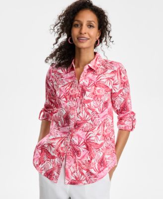 Charter Club - Women's Linen Palm-Print Roll-Tab Shirt