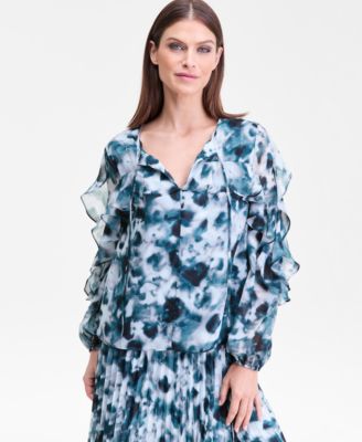 I.N.C. International Concepts - Women's Printed Ruffle-Trim Split-Neck Blouse