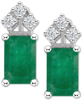 Macy's - Emerald (1-1/8 ct. t.w.) & Diamond (1/8 ct. t.w.) Crown Stud Earrings in 14k White Gold (Also in Ruby & Tanzanite)