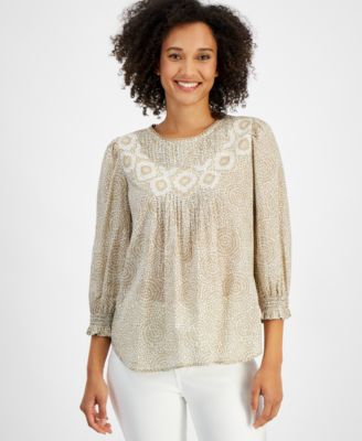 Nautica Jeans - Women's Cotton Embroidered Smocked-Sleeve Shirt