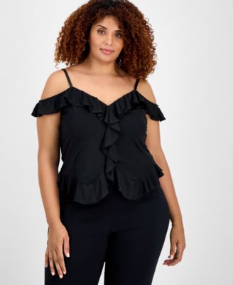 Bar III - Trendy Plus Size Cold-Shoulder Ruffle-Trim Mesh Top, Exclusively at Macy's