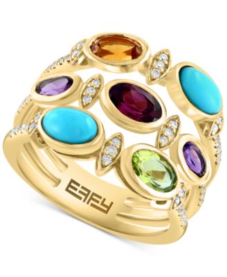 EFFY Collection - Multi-Gemstone (1-5/8 ct. t.w.), Turquoise, & Diamond (1/5 ct. t.w.) Triple Row Statement Ring in 14k Gold