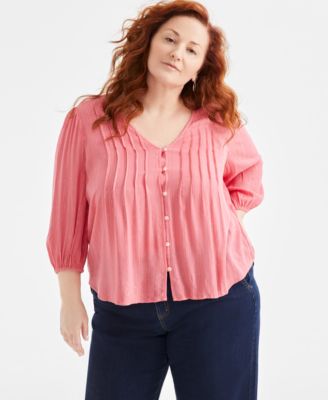 Style & Co - Plus Size Pintuck-Front 3/4-Sleeve Blouse