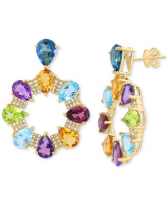 EFFY Collection - Multi-Gemstone (13 ct. t.w.) & Diamond (3/8 ct. t.w.) Pear and Pav&eacute; Door Knocker Drop Earrings