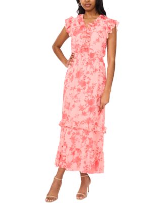 MSK - Petite Printed Ruffle-Trim Short-Sleeve Midi Dress