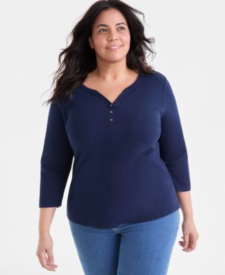 Style & Co - Plus Size 3/4-Sleeve Cotton Henley Top