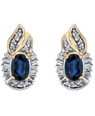 Macy's - Sapphire (1-1/5 ct. t.w.), Diamond (1/4 ct.tw.), Round Diamond (1/10 ct.tw.) & Baguette Diamonds (1/5 ct.tw.) Earrings in 14k Yellow Gold