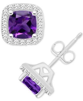 Macy's - Amethyst (1 ct. t.w.) & Diamond (1/5 ct. t.w.) Cushion Halo Stud Earrings in Sterling Silver (Also in Citrine, Garnet, Peridot, & Blue Topaz)